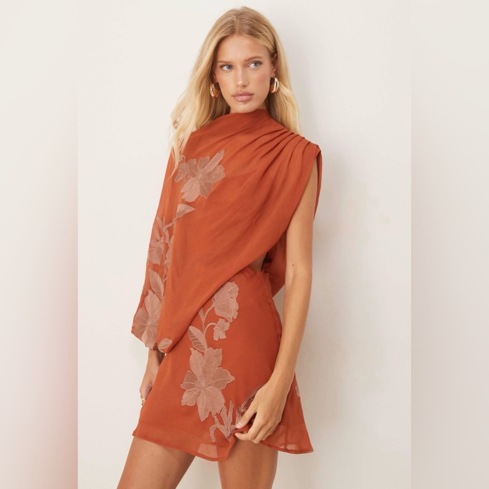 ASOS DESIGN tonal embroidery high neck draped asymmetric mini dress cut out rust